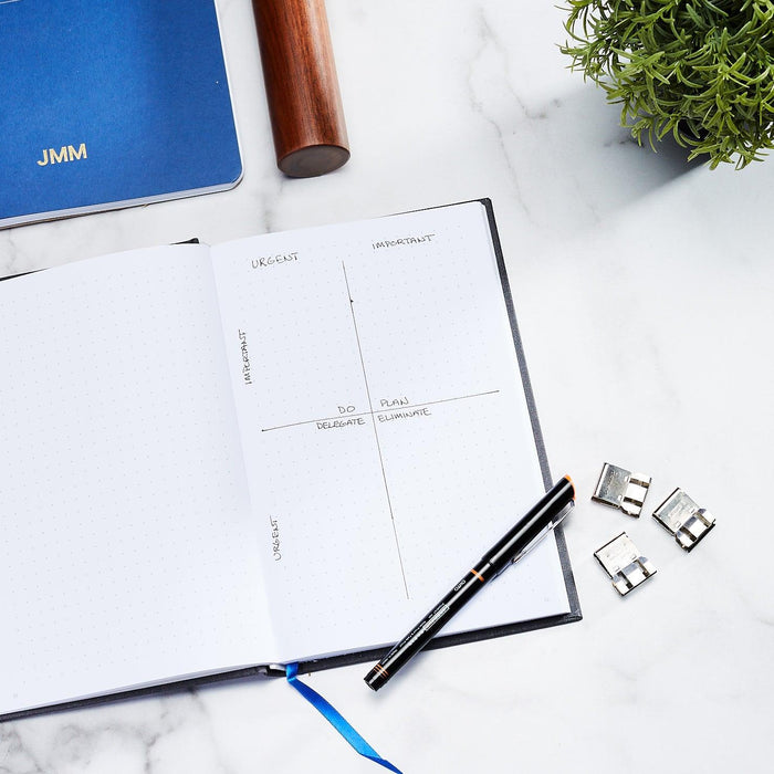 Classic Hardcover Notebook on marble with a Eisenhower matrix written down