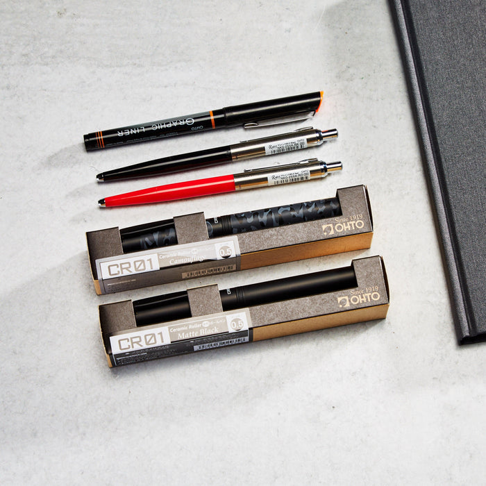 OHTO CR01 Ceramic Roller Pen by Write Notepads & Co., elegantly presented in its original box, highlighting both the pen's sleek design and the branded packaging.